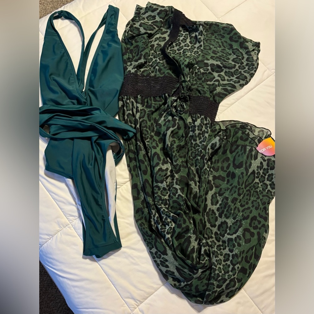SHEIN Teal Green and Leopard Print One Piece Swimsuit with cover up
